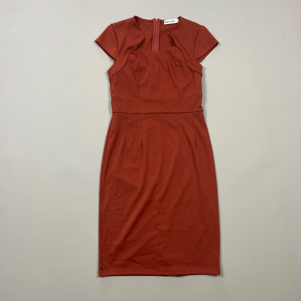 Grace Karin Rust Orange Cap Sleeve Sweetheart Neck Sheath Pencil Dress Small